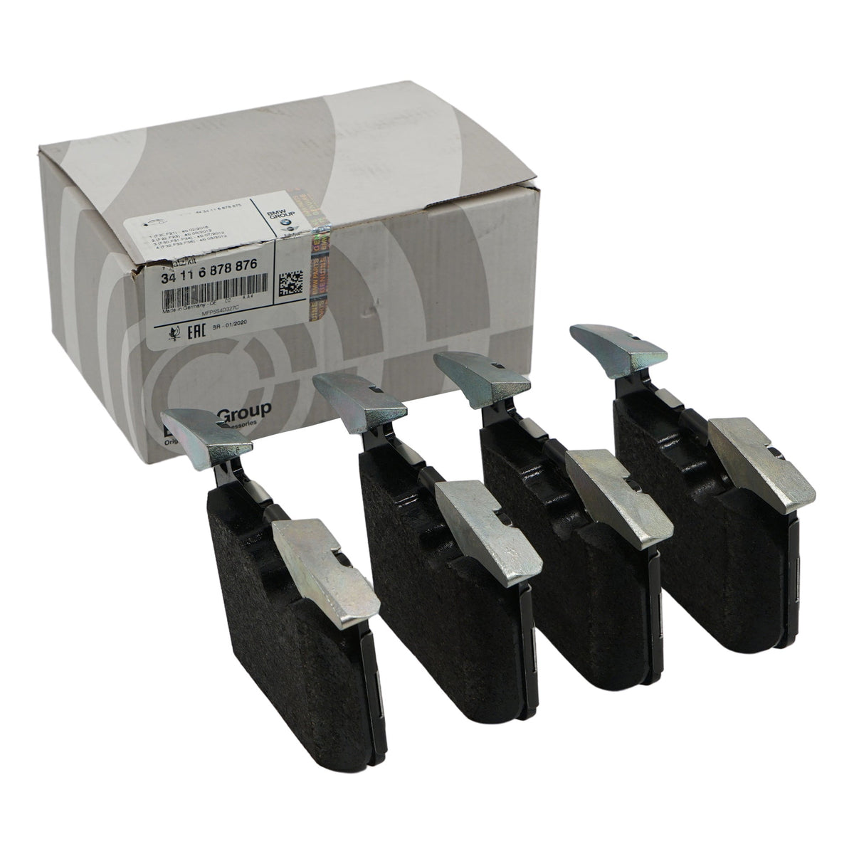 Genuine BMW front brake discs and pads for 1, 2, 3, and 4 Series vehicles, showing installed brake components on a car wheel.