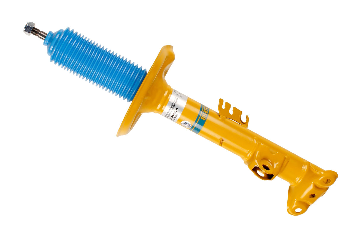 Bilstein B8 Performance Plus front left shock absorber for BMW E36, showing the metal shock body and mounting components.