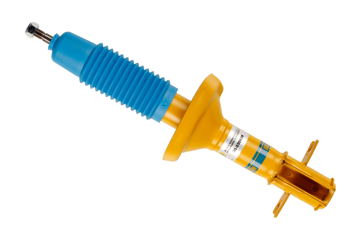 Bilstein B8 shock absorber for Volkswagen Golf 1, showing the black coil spring and metal body of the automotive suspension part.