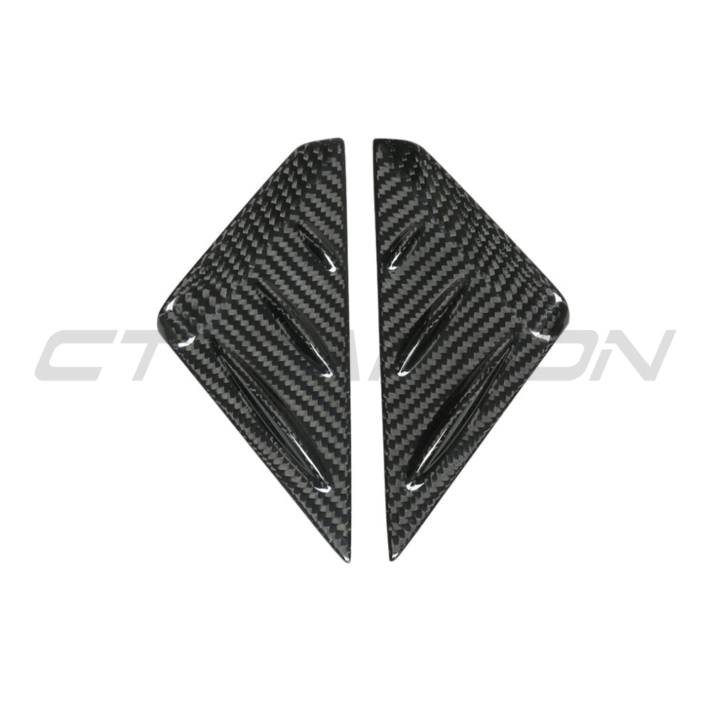 CT Carbon Porsche 911 and Cayman carbon fiber pillar trim accessory showing sleek, black textured finish on car interior pillars.