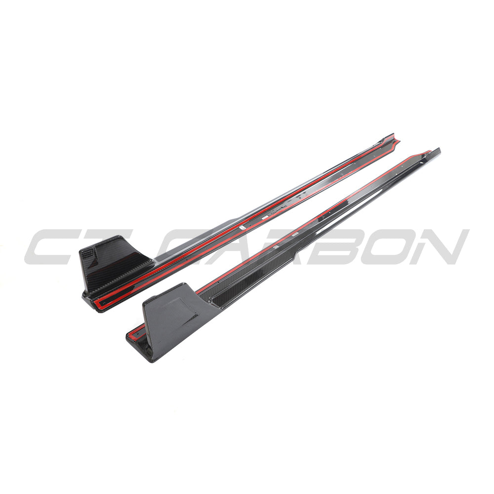 BMW G87 M2 2023+ carbon fibre side skirts by CT Carbon, showcasing sleek, lightweight aerodynamic design for enhanced style and performance.