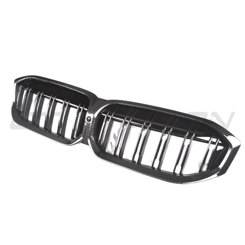 BMW 3 Series G20/G21 LCI 2022+ carbon fibre double slat grille accessory by CT Carbon, close-up view of the grille design