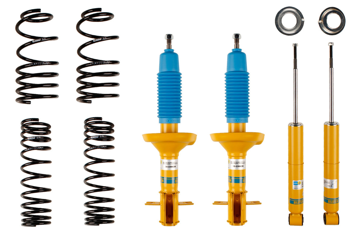 Bilstein B12 suspension kit for Volkswagen Golf and Jetta, showing shock absorbers and coil springs in the image.