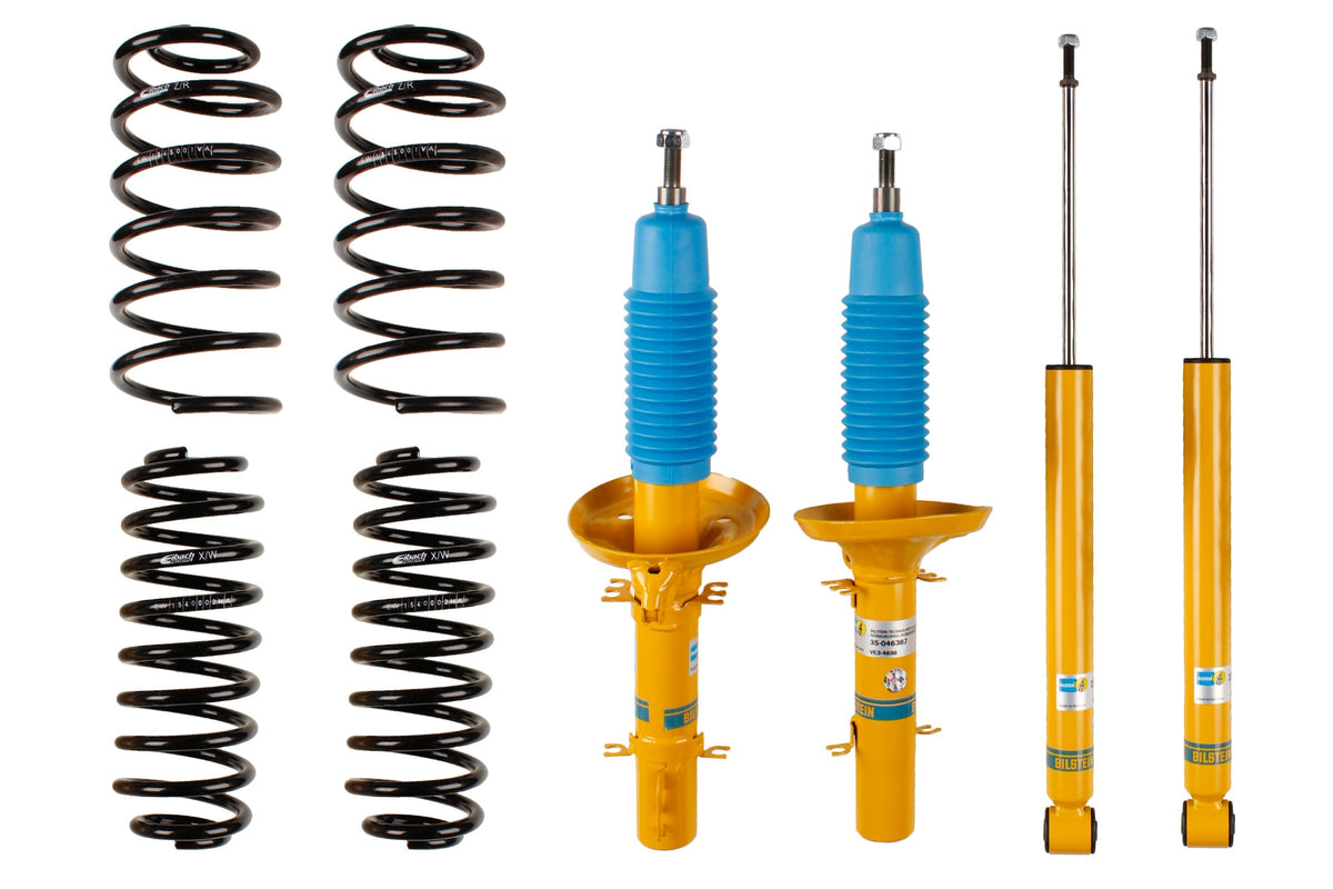 Bilstein B12 suspension kit for Audi A3 (8L1) showing shock absorbers and coil springs in a vehicle suspension setup.