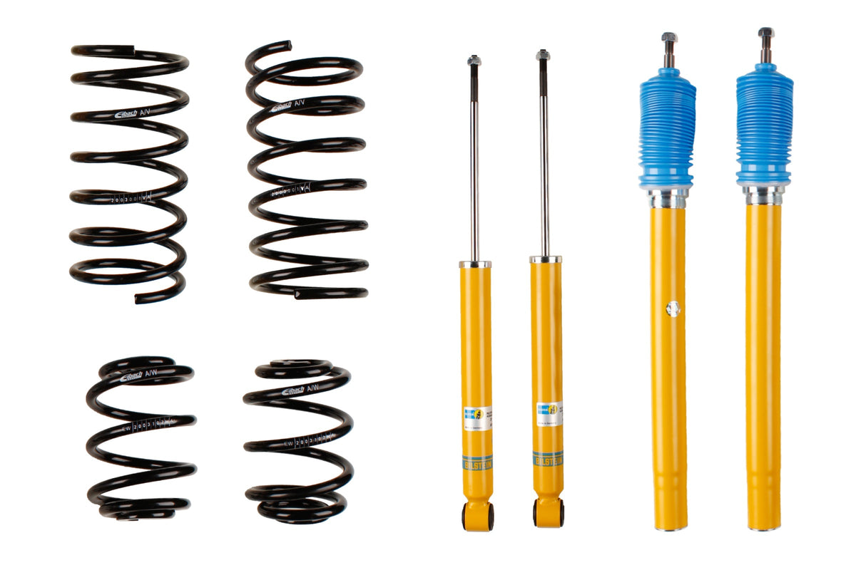 Bilstein B12 suspension kit for BMW E30 3 Series, showing assembled shock absorbers and coil springs for improved ride quality.