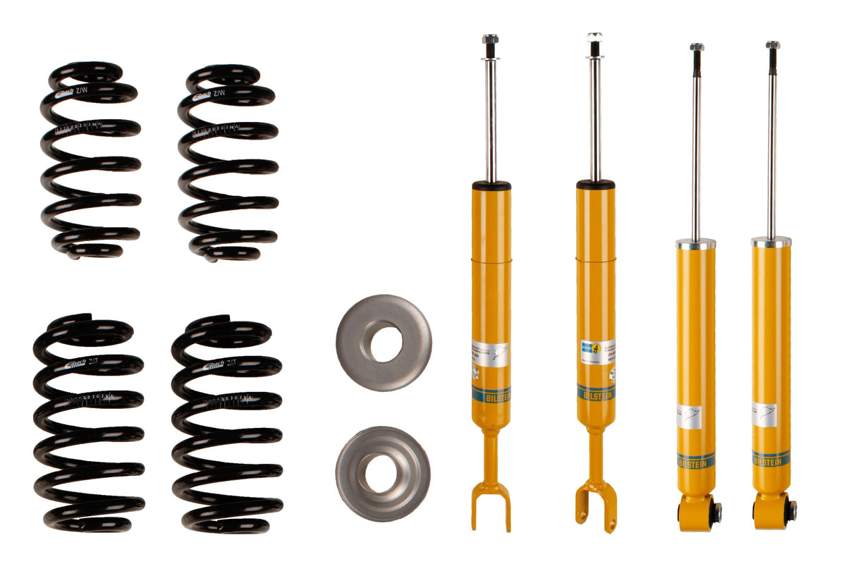 Bilstein B12 Suspension Kit for Audi A4 (8E2 B6), including shock absorbers and coil springs, installed on a vehicle.