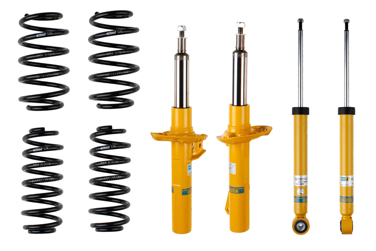 Bilstein B12 suspension kit for Volkswagen Golf Plus, showing shock absorbers and coil springs in the kit.