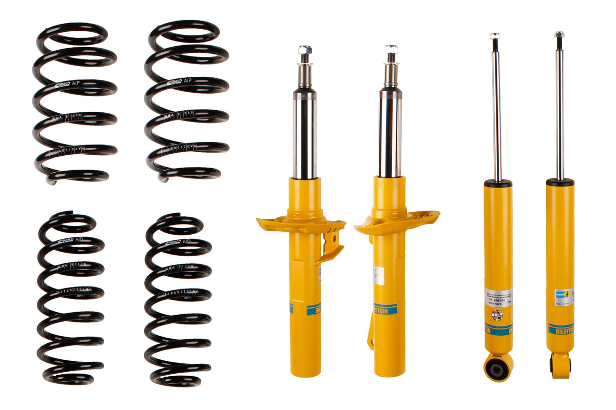 Bilstein B12 Suspension Kit for Volkswagen Golf VI, showing shock absorbers and coil springs in the kit.