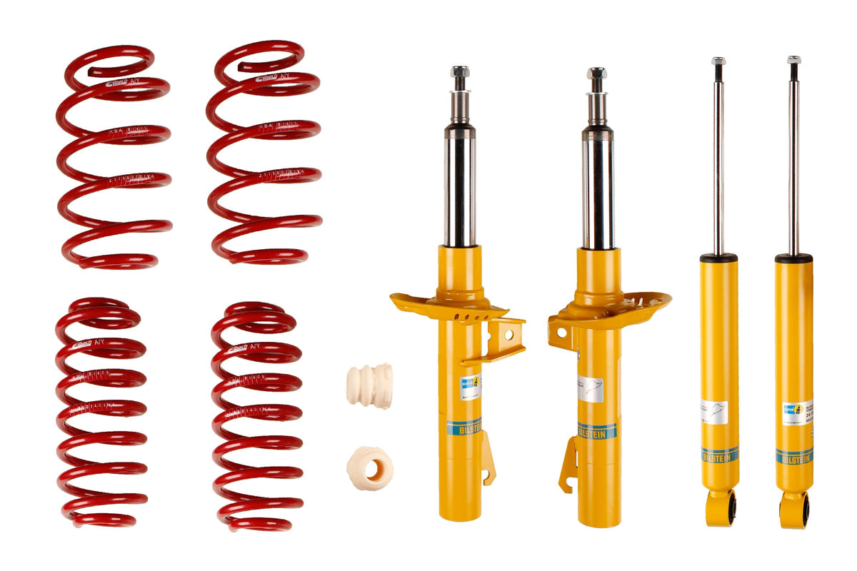 Bilstein B12 suspension kit for Volkswagen Golf VI, showing shock absorbers and coil springs installed on vehicle.