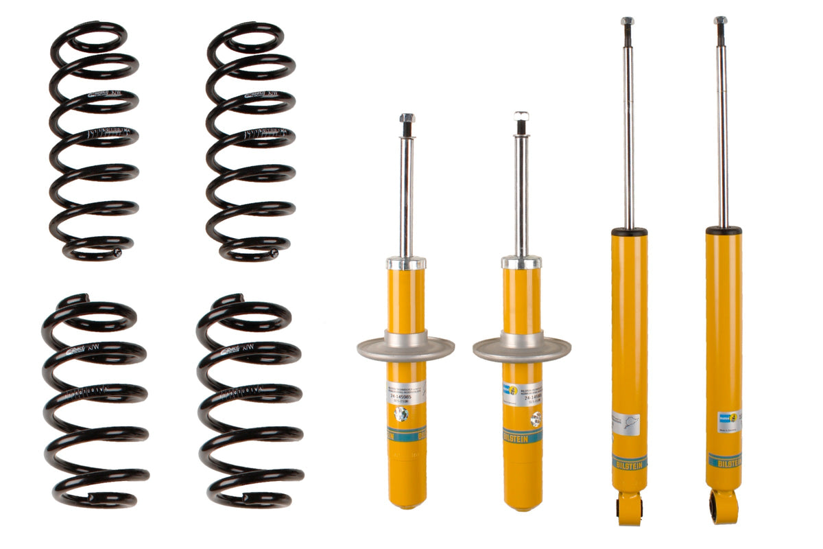 Bilstein B12 suspension kit for Audi A5 (8T), showing shock absorbers and coil springs in the kit.