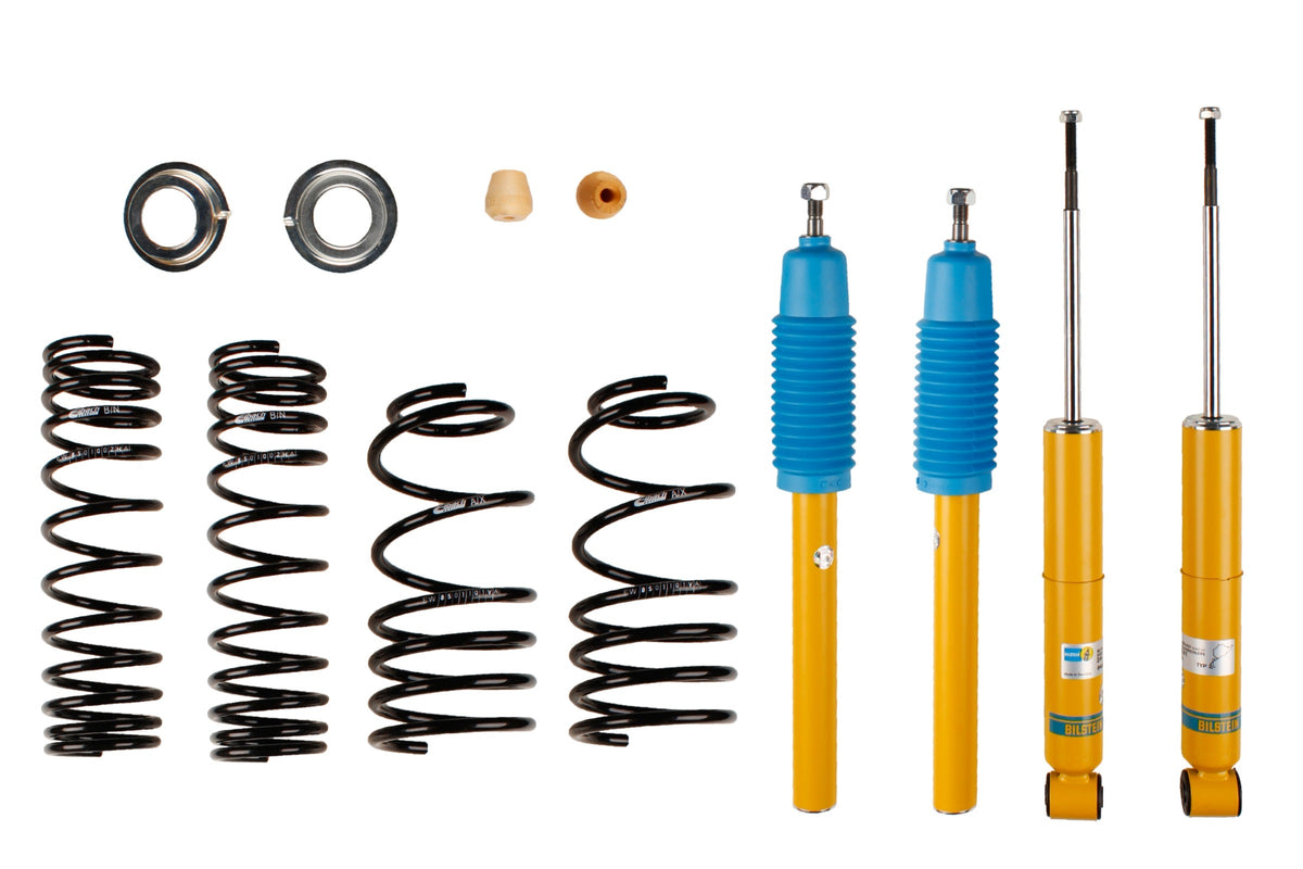 Bilstein B12 suspension kit for Volkswagen Jetta I, showing shock absorbers and coil springs installed on vehicle.
