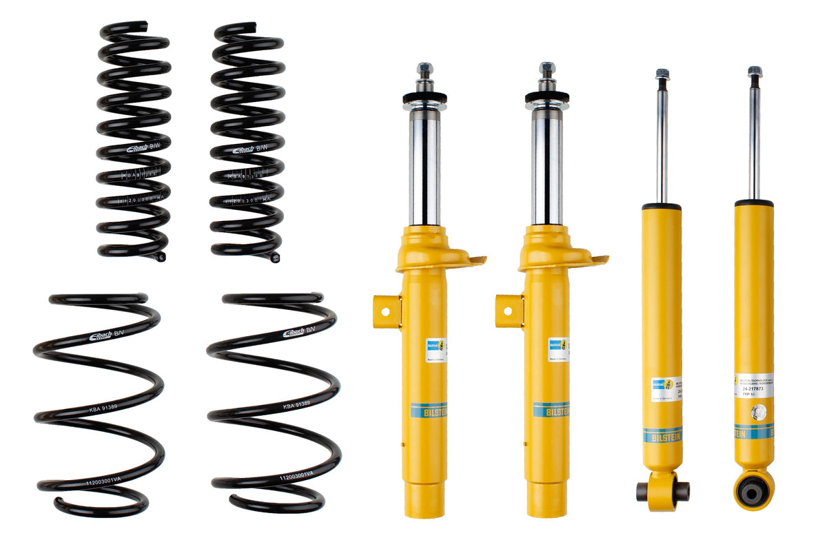 Bilstein B12 suspension kit for BMW 1 Series F20 F21 models, showcasing shock absorbers and suspension components.