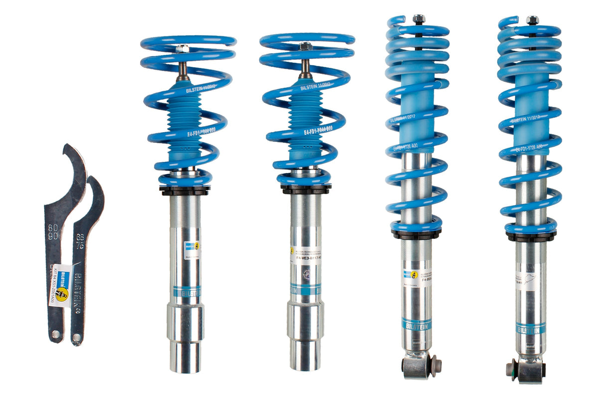 Bilstein B14 suspension coilover kit for BMW E60 with adjustable shocks and springs, providing improved handling and ride quality.