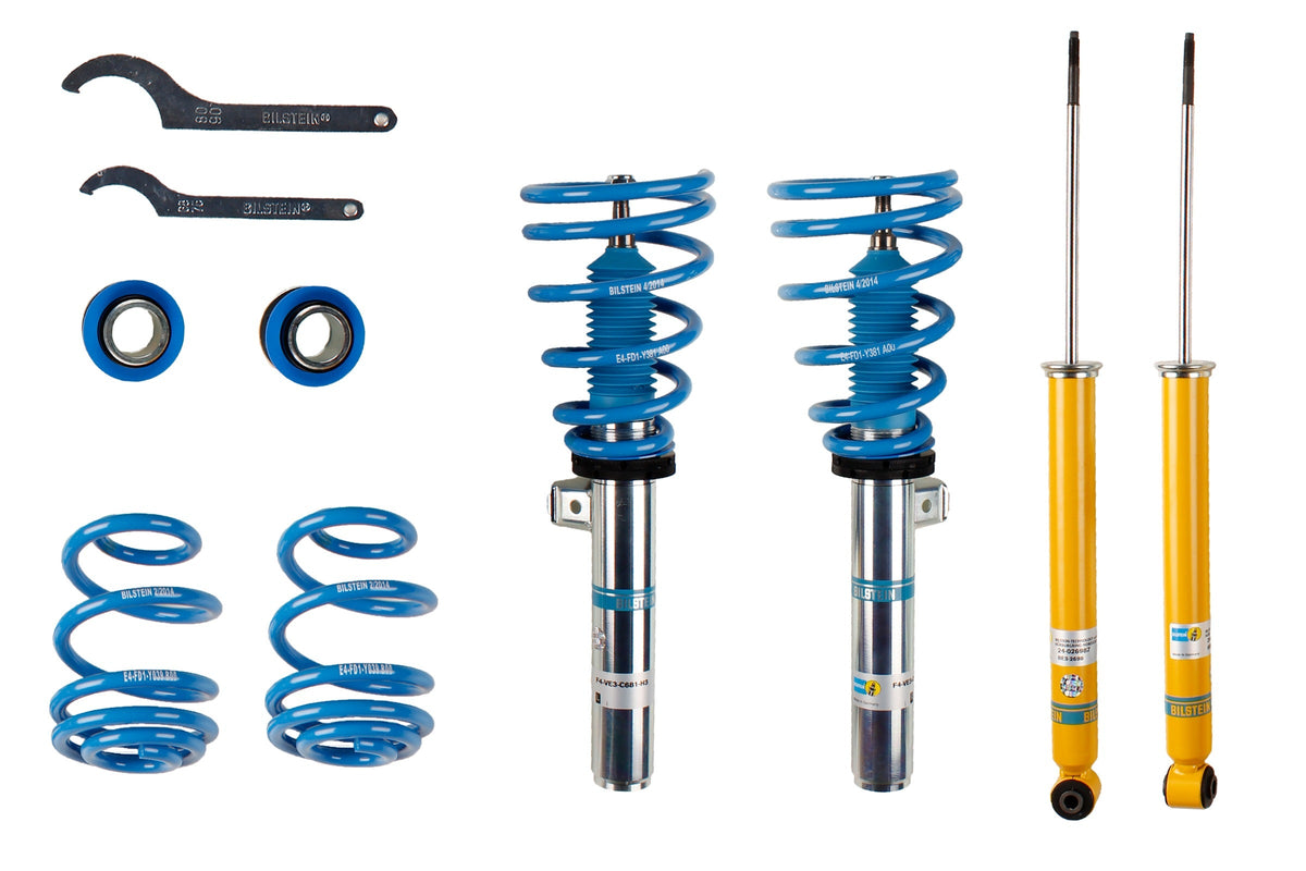 Bilstein B14 suspension coilover kit installed on BMW 3 Series E46, showing adjustable shock absorbers and coil springs.
