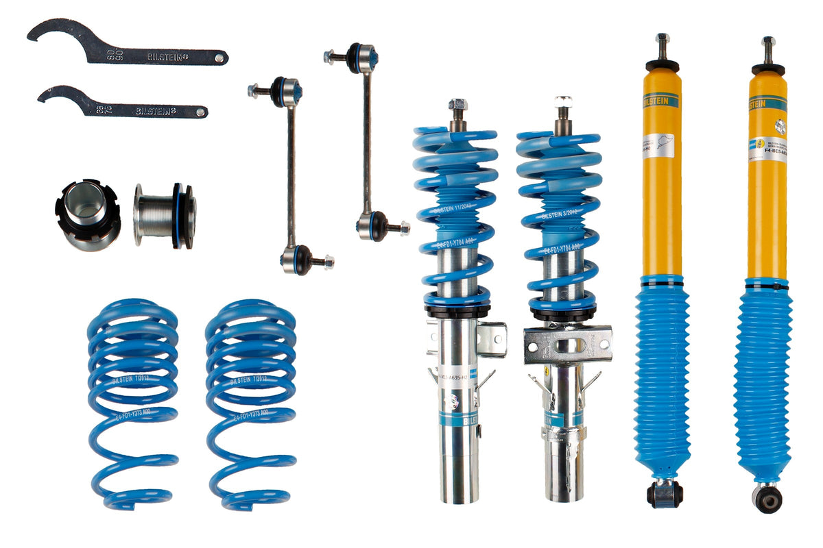 Bilstein B14 coilover suspension kit for Volkswagen Polo 9N and SEAT Ibiza 6L, showing assembled shock absorbers and springs.