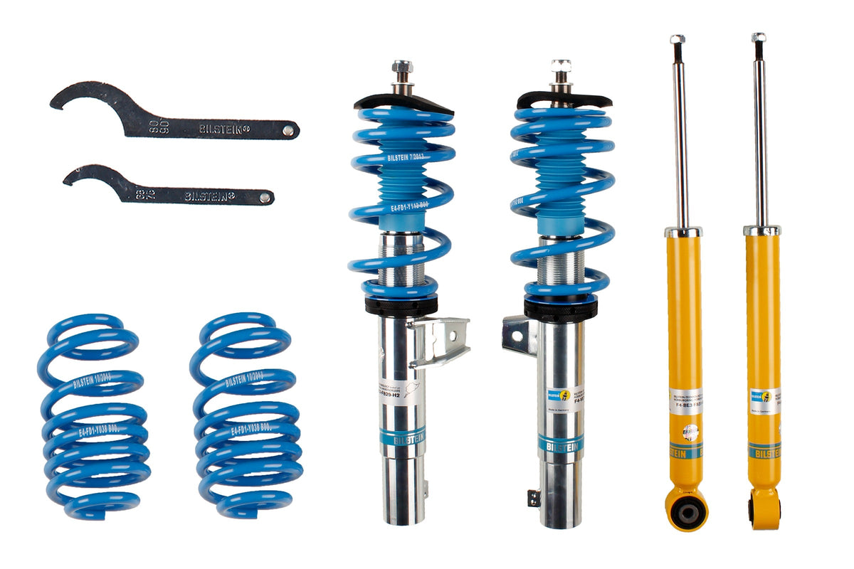Bilstein B14 coilover suspension kit for Volkswagen Golf 6 and Scirocco, showing adjustable shock absorbers and coil springs.