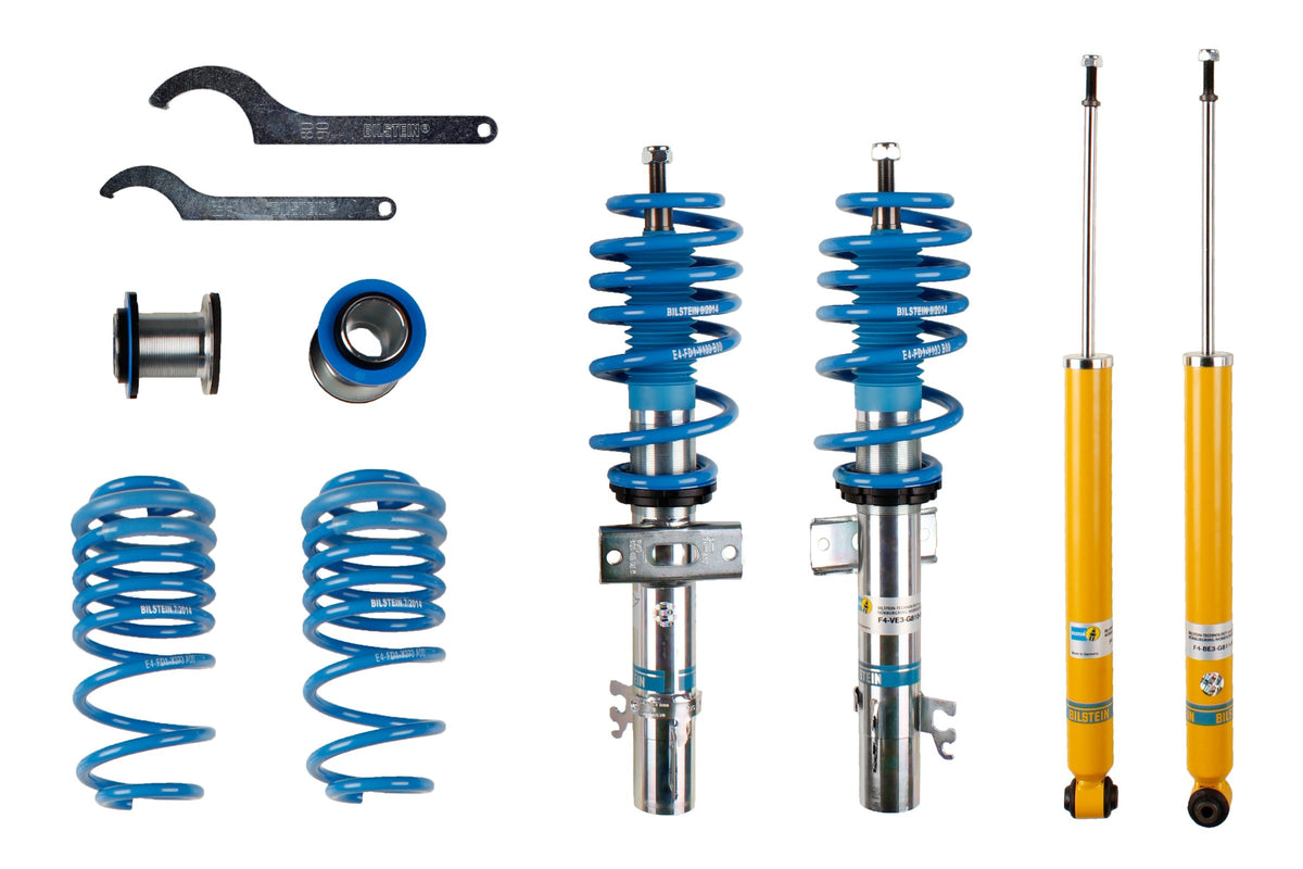 Bilstein B14 Coilover Suspension Kit for Volkswagen Polo 6R, showing adjustable shock absorbers and coil springs in a car suspension setup.