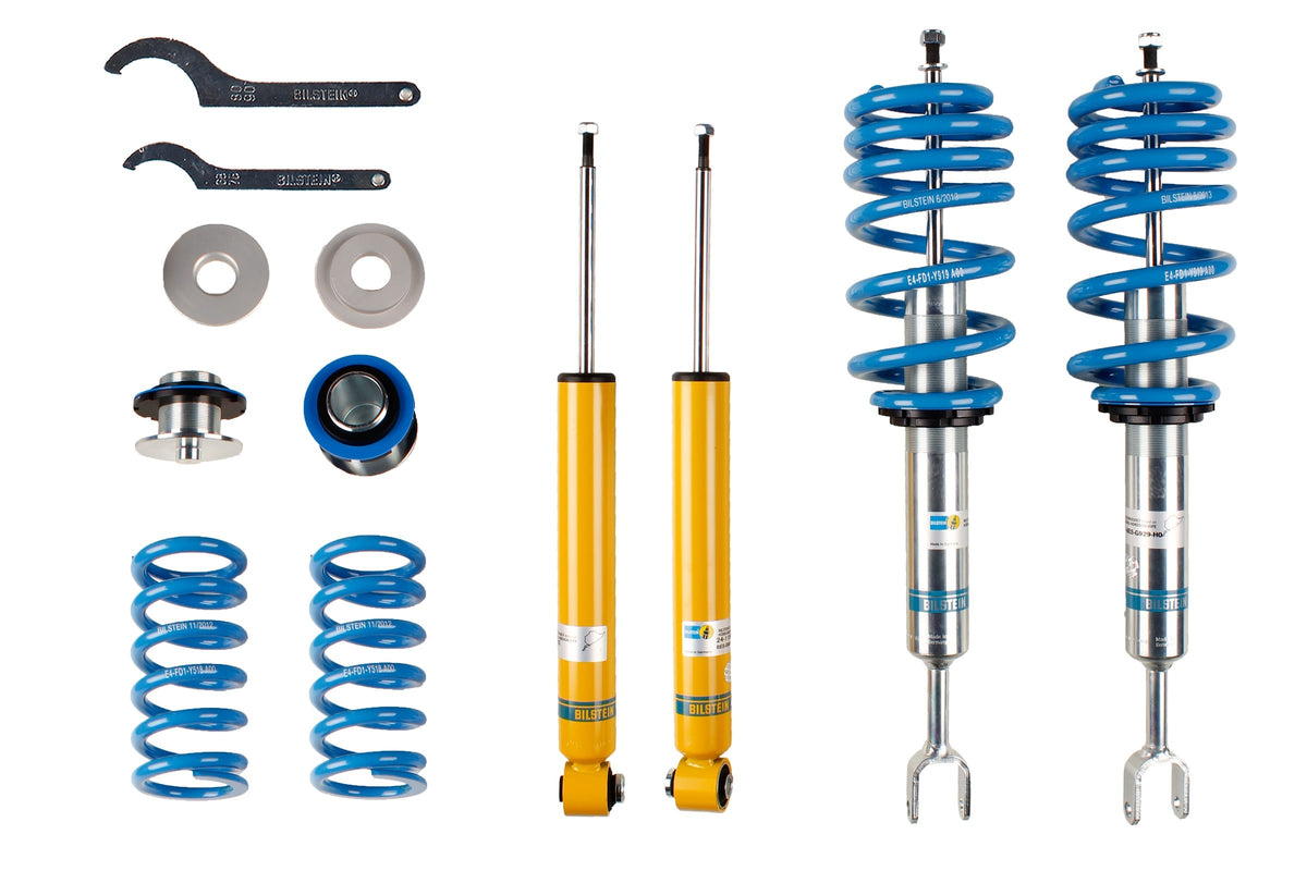 Bilstein B14 coilover suspension kit for Audi A4 (8E) and Seat Exeo (3R) V, shown in a close-up view of the assembled components.