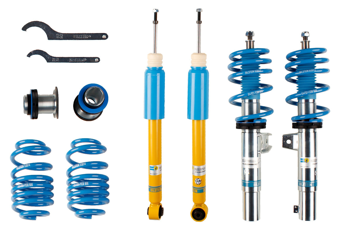Bilstein B14 coilover suspension kit for Audi A3 8V and Golf 7, with 50mm adjustable height, shown in the image.
