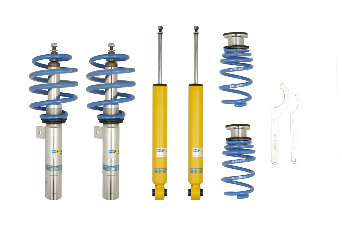 Bilstein B14 suspension coilover kit installed on a BMW Mini F56, showing the adjustable coilover components and suspension setup.