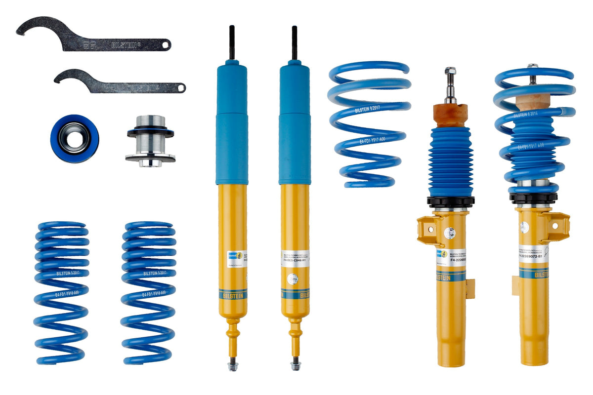 Bilstein B14 coilover kit for BMW 1 Series E87 and 3 Series E90-E93 2WD, showing adjustable shock absorbers and coil springs.