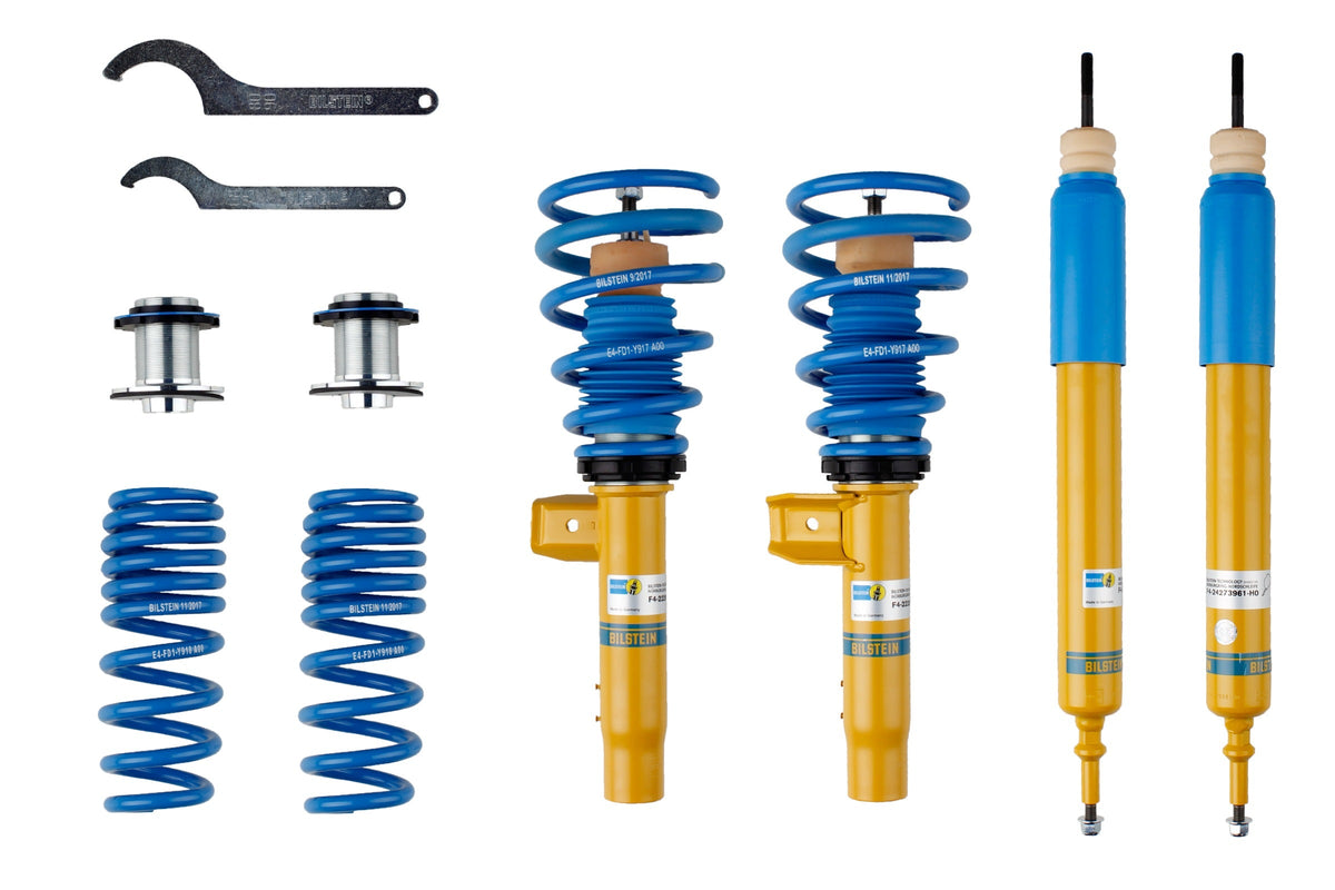 Bilstein B14 coilover kit for BMW 3 Series E90-E93 4WD, showing adjustable shock absorbers and coil springs.