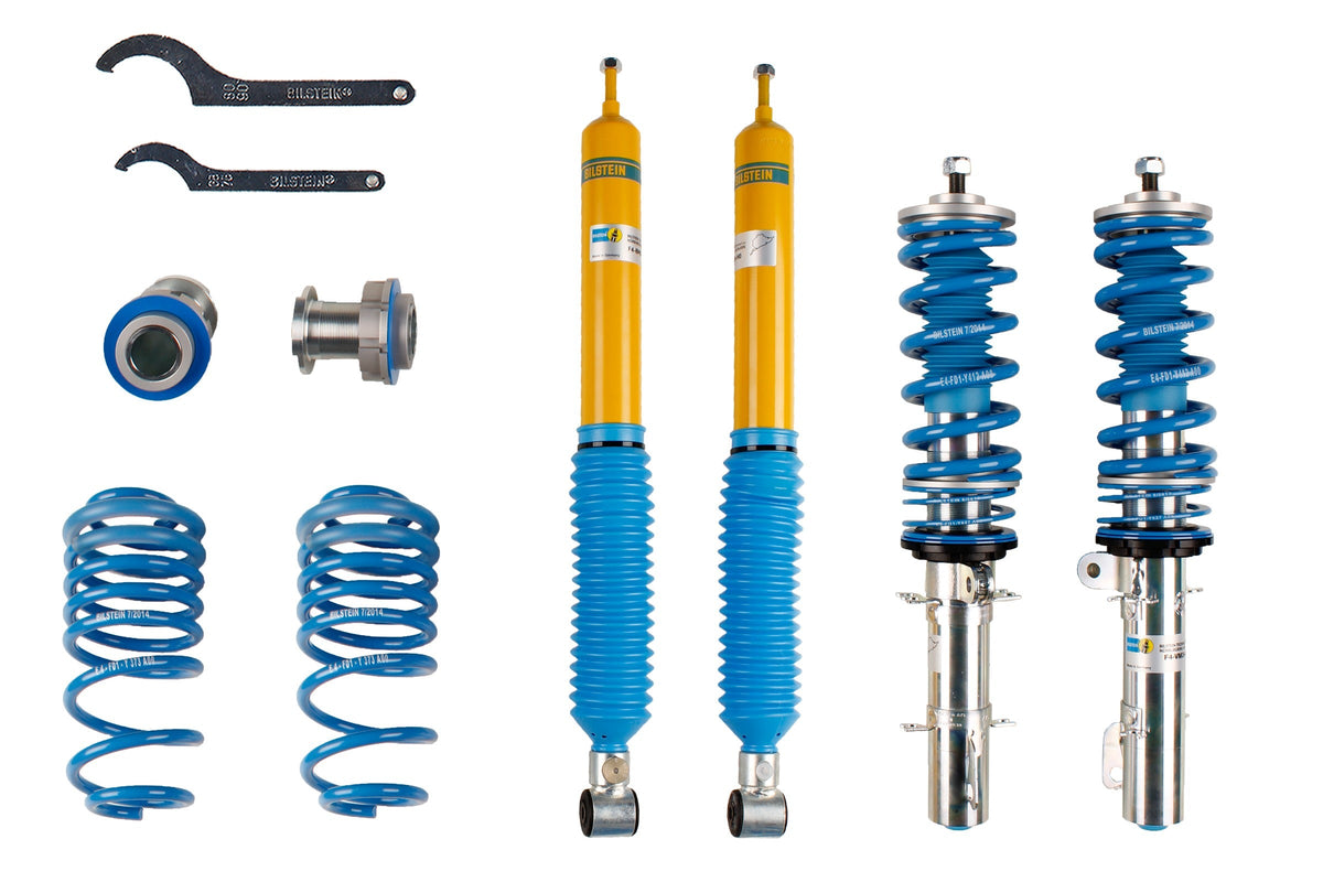 Bilstein B16 coilover suspension kit for Audi TT and Seat Leon, showing shock absorbers and adjustable coil springs.