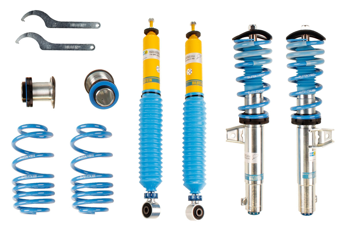 Bilstein B16 coilover suspension kit for Volkswagen Golf 5/6, Audi A3, and Seat models, featuring adjustable shock absorbers.