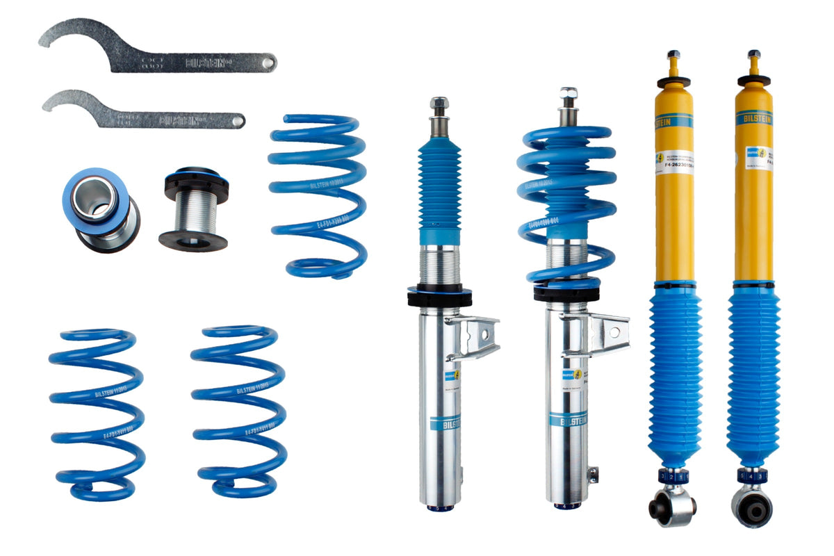 Bilstein B16 coilover suspension kit for Audi A3 8V and Golf 7, featuring adjustable dampers and sporty performance.