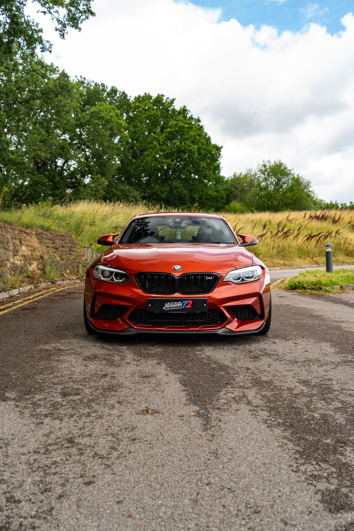 72Design BMW M2 Competition F87 carbon fiber front splitter, lightweight aerodynamic car accessory for 2018-2021 models.