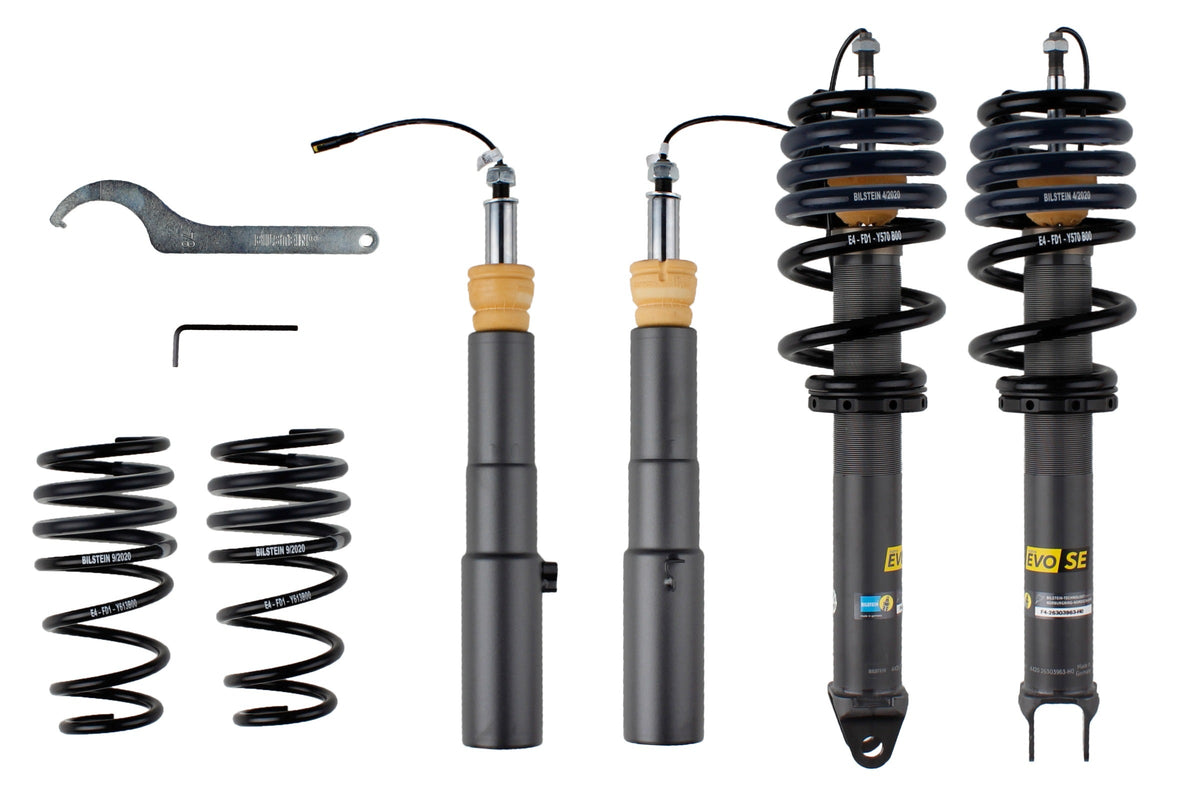 Bilstein electric suspension coilover kit for Porsche 911 992 with lift, featuring adjustable shocks and coil springs.