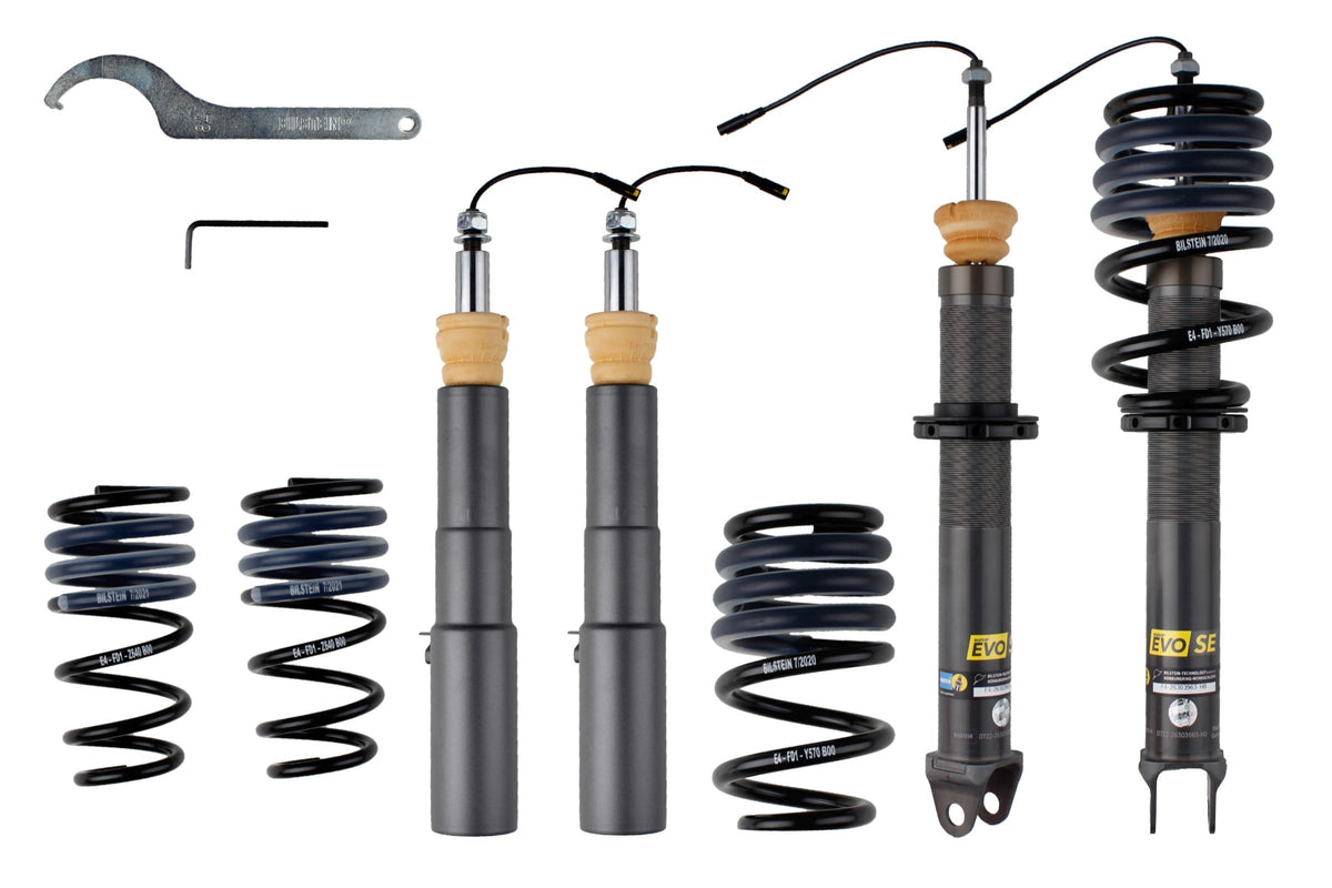 Bilstein electric suspension coilover kit for Porsche 911 992 Turbo S, showing adjustable shock absorbers and mounting components.