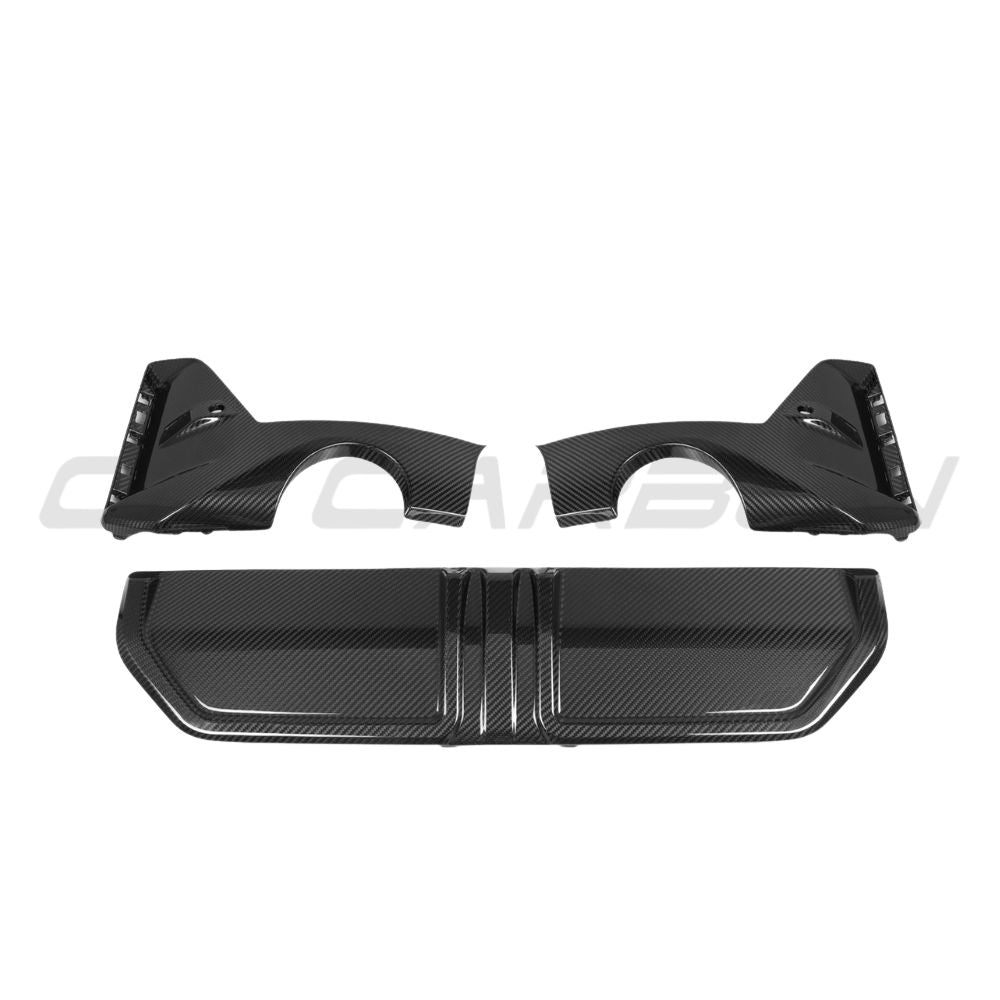 BMW 3 Series G20 G21 2022+ LCI carbon fiber diffuser with round tips by CT Carbon, showcasing sleek aerodynamic design.