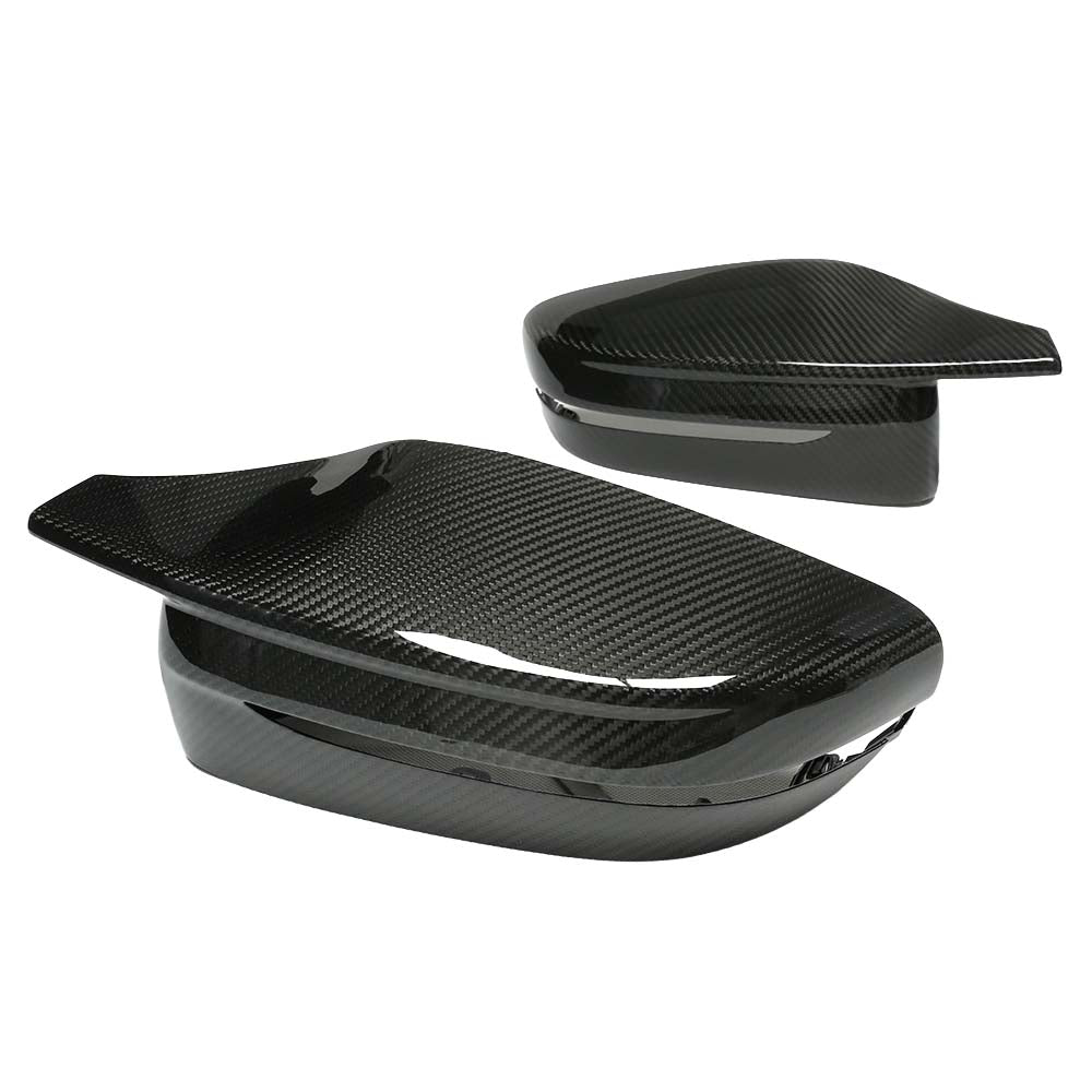 BMW G14/G15/G16 8 Series RHD dry carbon fiber mirror cover replacements by CT Carbon, showing sleek textured surface and precise fit.
