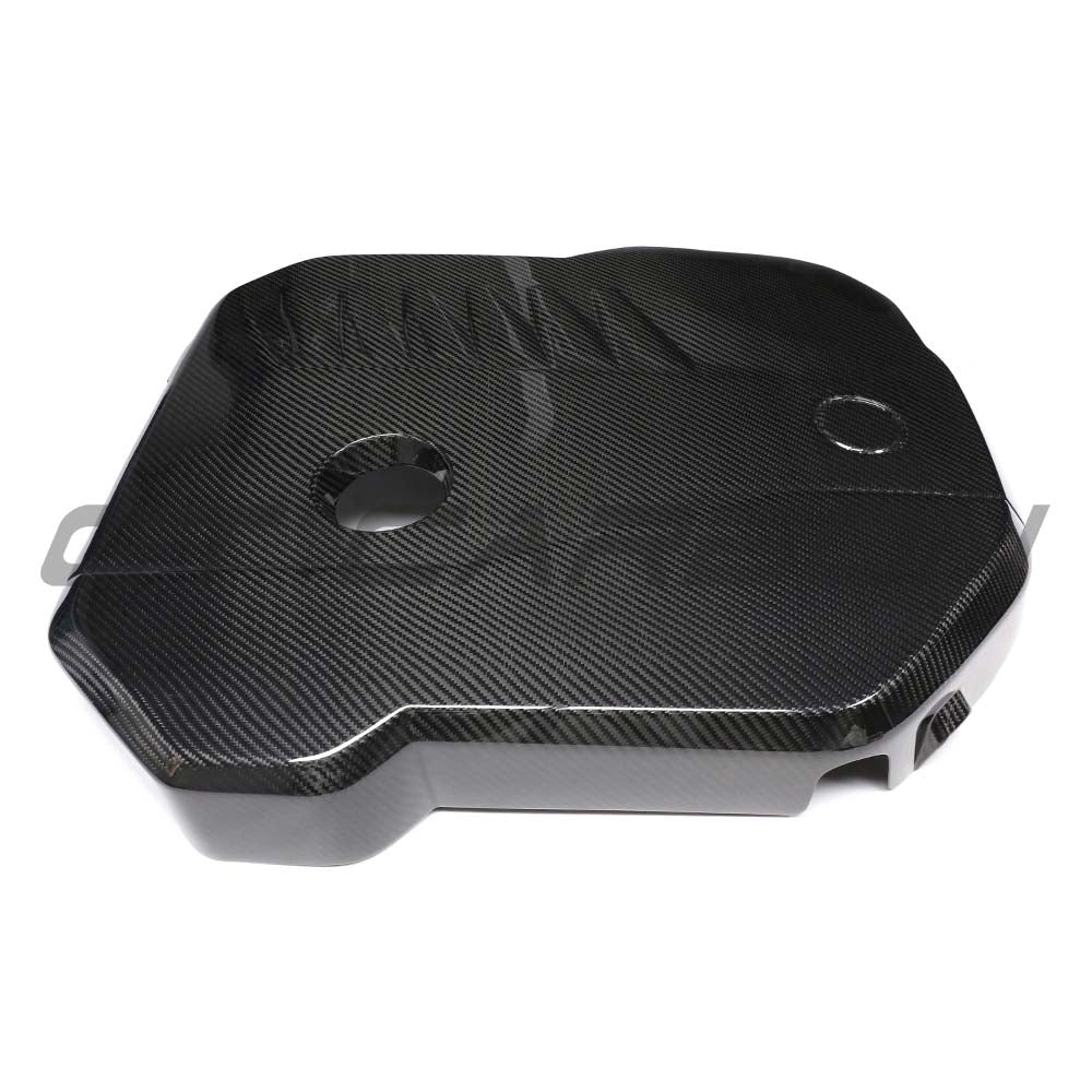BMW G42 2 Series M240i 2022+ dry carbon fiber engine cover by CT Carbon, featuring sleek textured surface and precise fit for engine bay.
