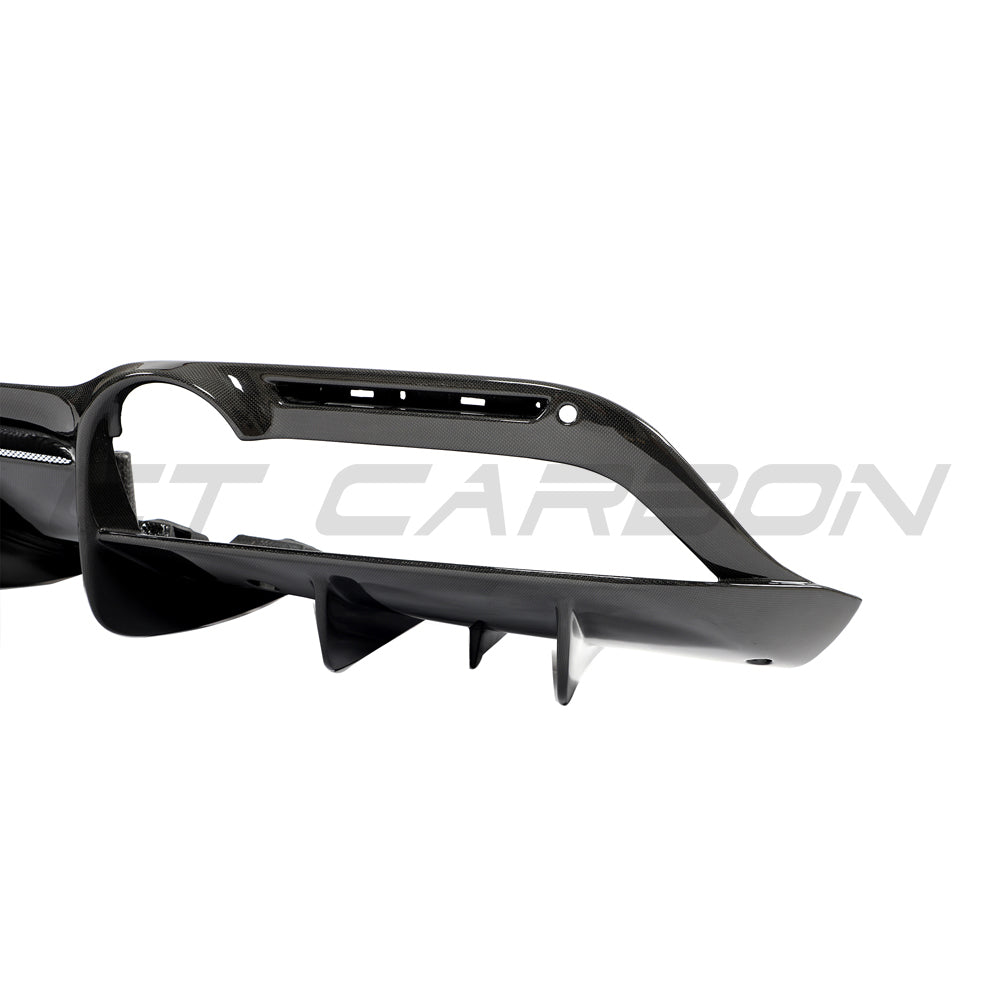 CT Carbon Ferrari F8 2019-2023 carbon fiber diffuser shown in close-up with detailed aerodynamic design.