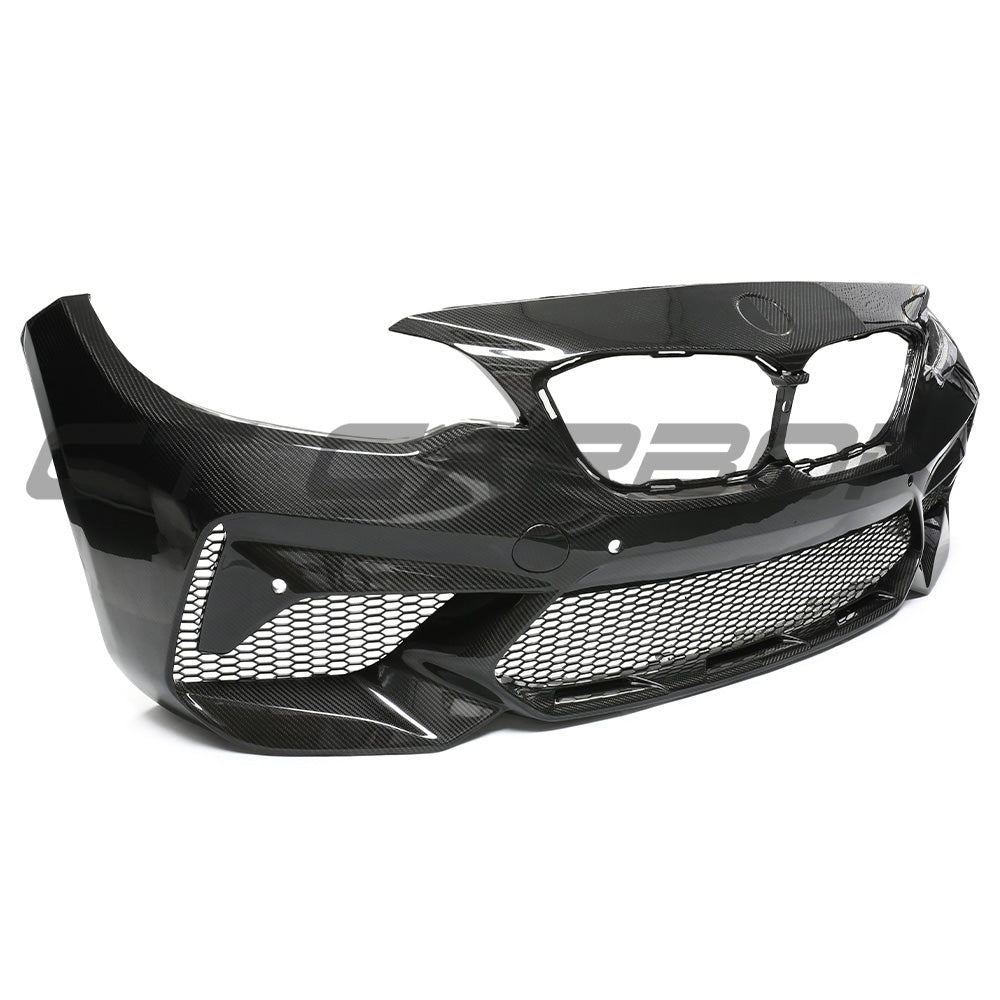 BMW F87 M2C carbon pre-preg fibre front bumper by CT Carbon, showcasing a sleek, lightweight automotive bumper with detailed carbon fibre finish.