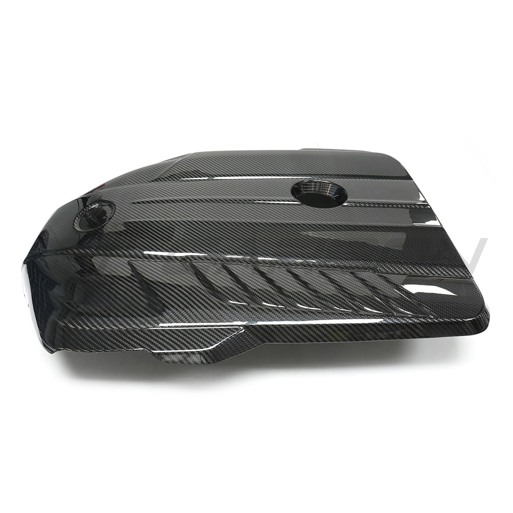CT Carbon Toyota Supra A90 3.0T B58 carbon fibre engine cover accessory, showcasing sleek black finish and detailed craftsmanship.
