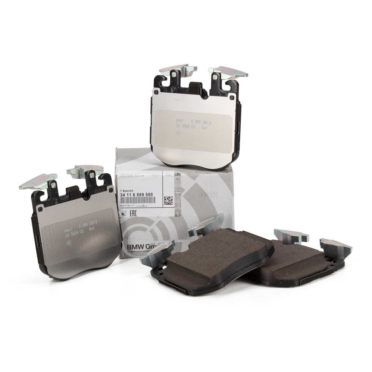 Genuine BMW front brake pads 34116889585 for G42 M240i, G20 M340i, and X5 M50i, shown in image 585.