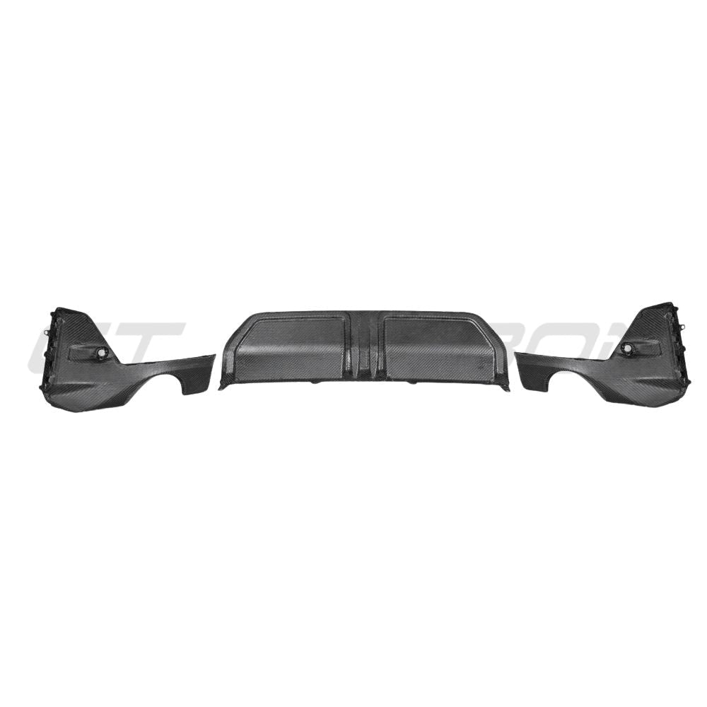 BMW 3 Series G20/G21 2022+ LCI carbon fibre diffuser with round tips, designed by CT Carbon, showcasing sleek aerodynamic styling.