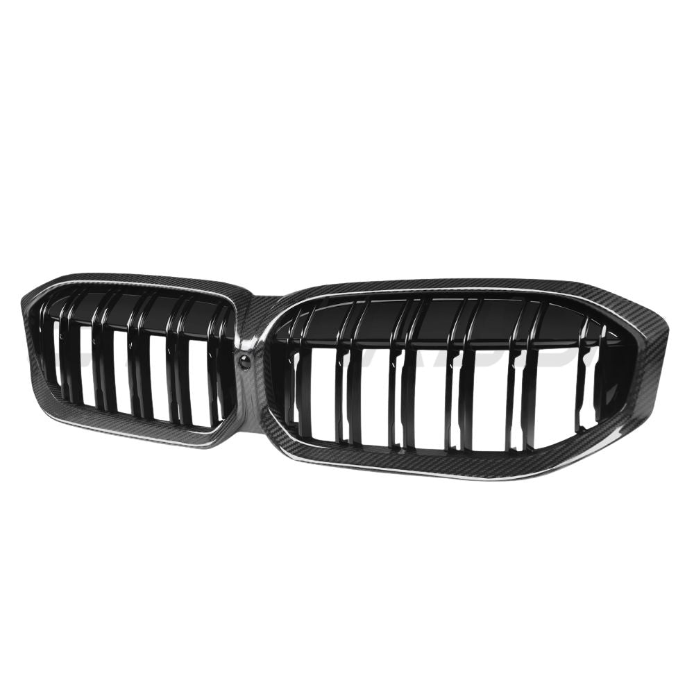 BMW 3 Series G20 G21 LCI 2022+ Carbon Fibre Double Slat Grille by CT Carbon, close-up showing the sleek black grille design.