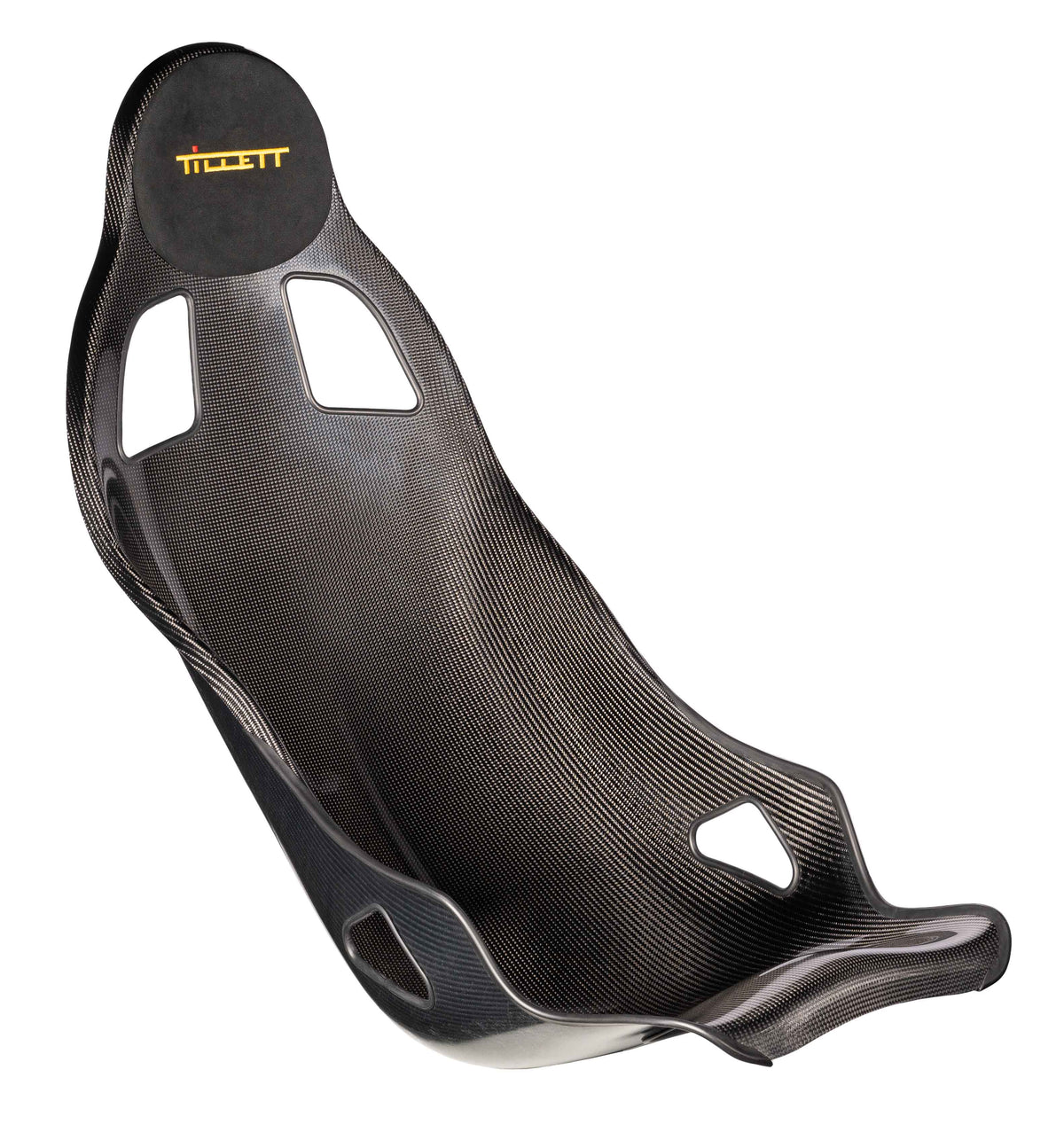 TILLETT B3.5 racing car seat with carbon fiber shell and black upholstery, shown from the front angle.