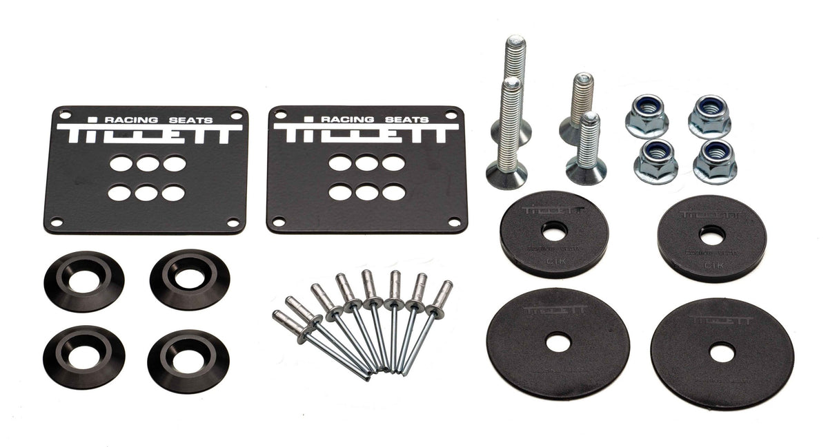 TILLETT TK2 car seat accessories including mounting plates and hardware for racing seat installation.