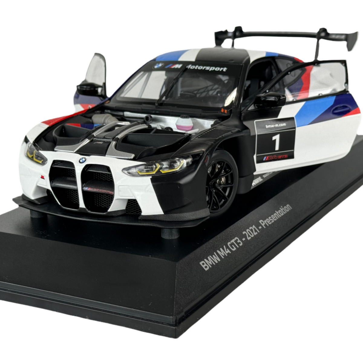 Genuine BMW Miniature Car Model M4 GT3 scale model in 1:18 size, detailed replica showcasing BMW racing car features.