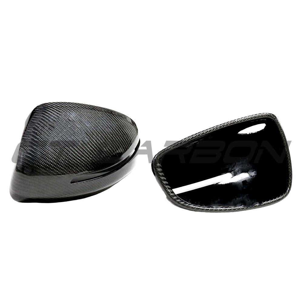 CT Carbon Audi R8 2007-2012 carbon fibre mirror cover replacement, close-up of sleek, textured mirror housing on car.