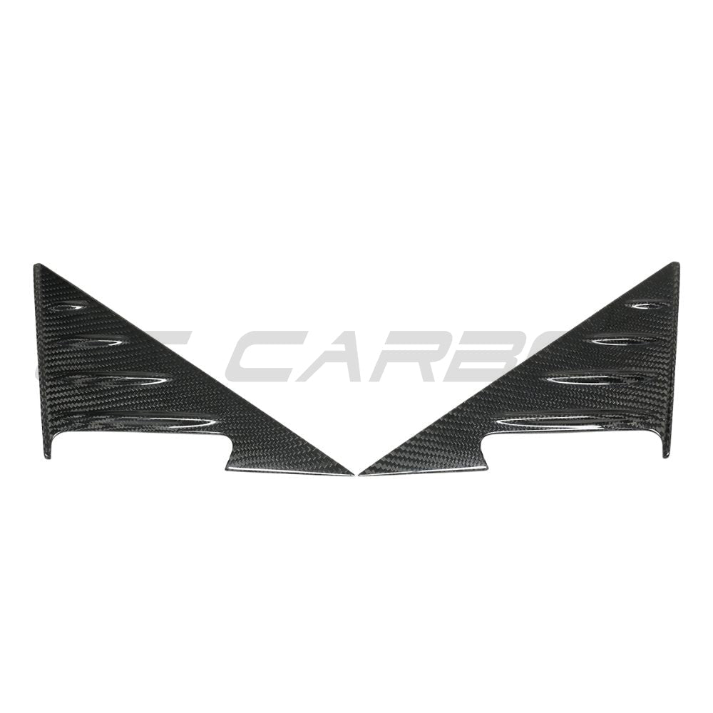 BMW G22/G23/G26 4 Series 2021+ dry carbon fiber mirror pillar trim by CT Carbon, close-up of sleek, textured carbon fiber surface.