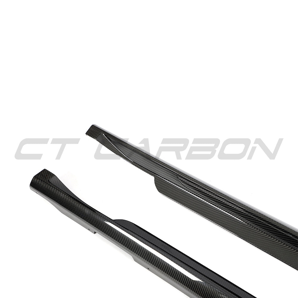 CT Carbon Porsche Taycan 2020-2024 carbon fibre side skirts shown on the vehicle's side, enhancing sporty appearance and aerodynamics.