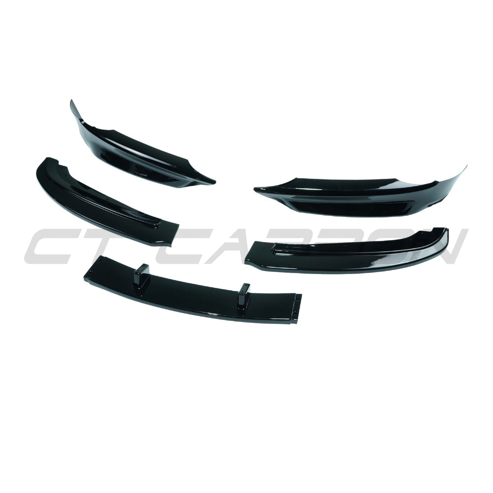 BMW 3 Series E90/E91 SE 2005-2009 CT Carbon gloss black splitter V2 installed on front bumper, showcasing sleek aerodynamic design.