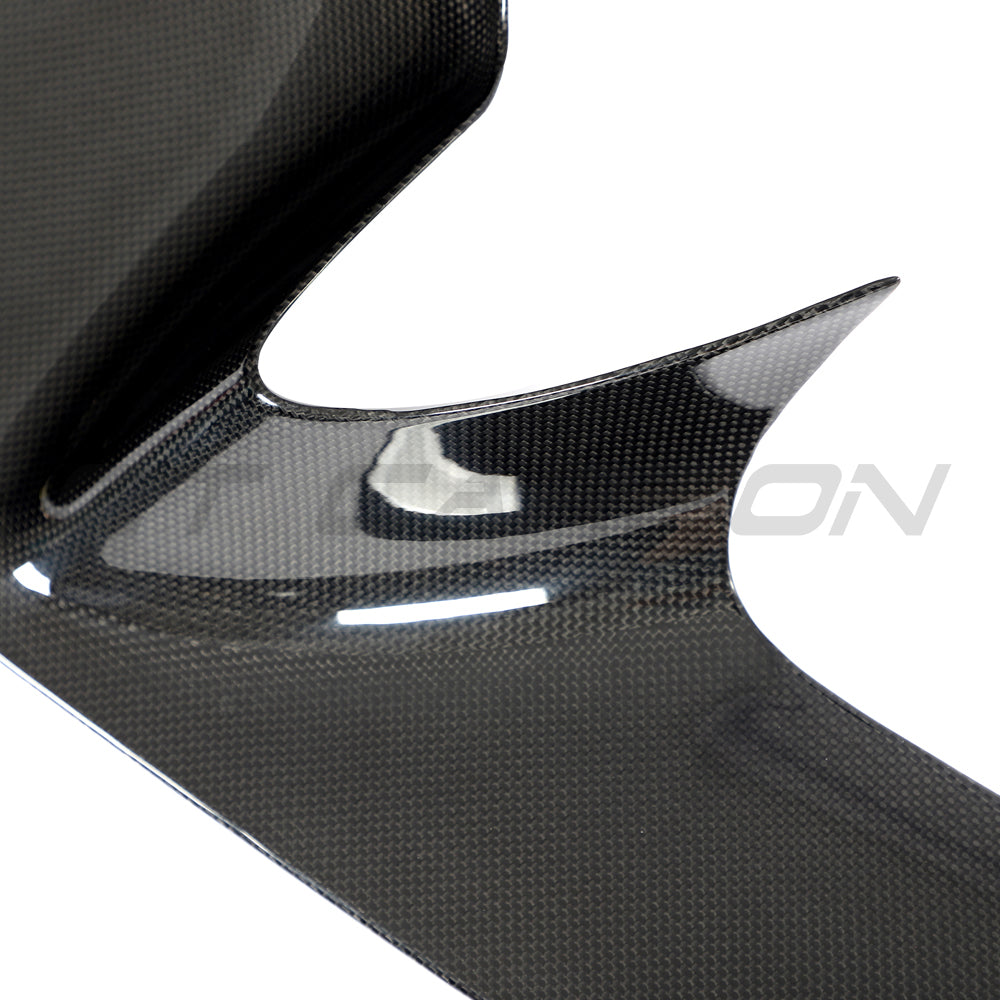 CT Carbon Ferrari F8 2019-2023 front bumper carbon fiber splitter trim, close-up view of sleek, aerodynamic car accessory.