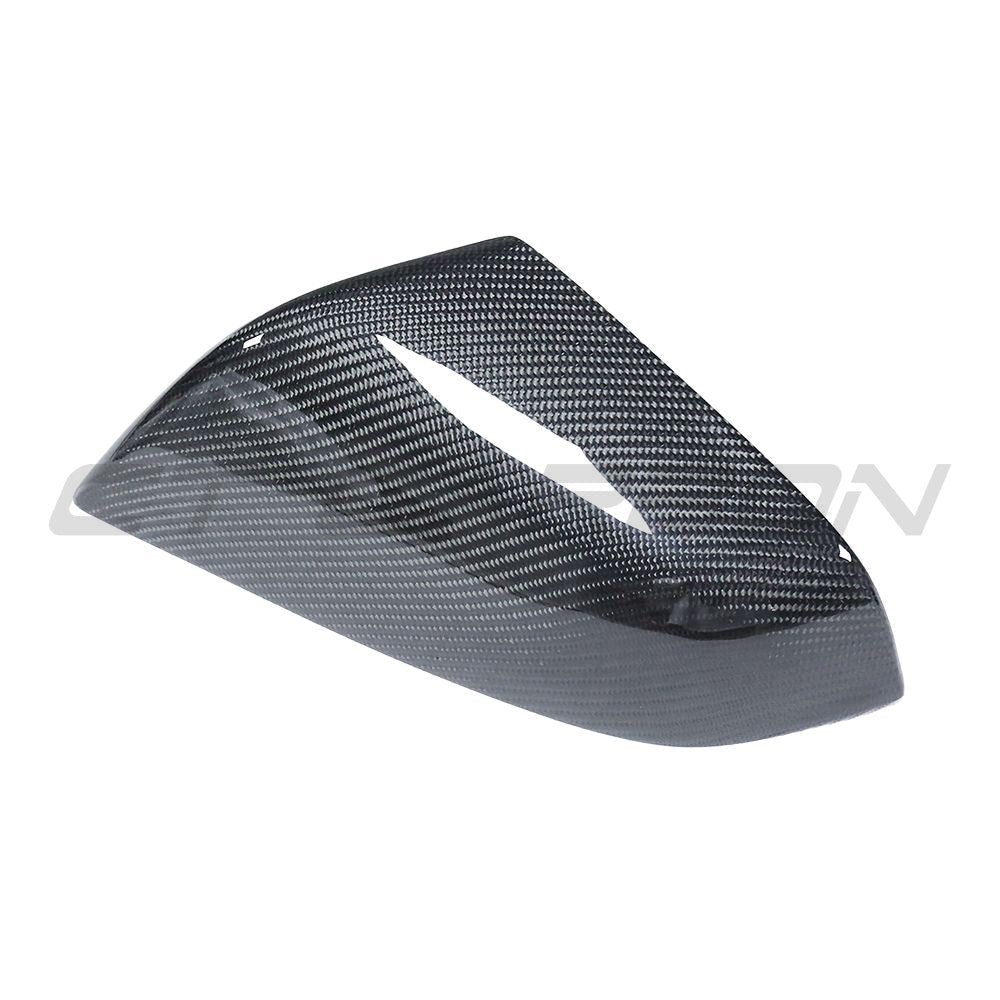 Tesla Model S 2013-2020 carbon fiber mirror accessories by CT Carbon, showcasing sleek carbon fiber side mirrors.